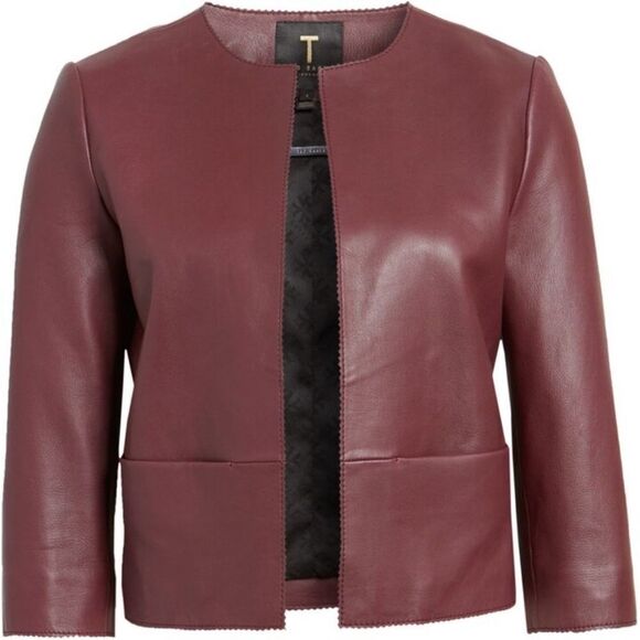 Ted Baker Morisr Zig Zag Edge Cropped Leather Jacket Burgundy, 2 / Small - Picture 1 of 13